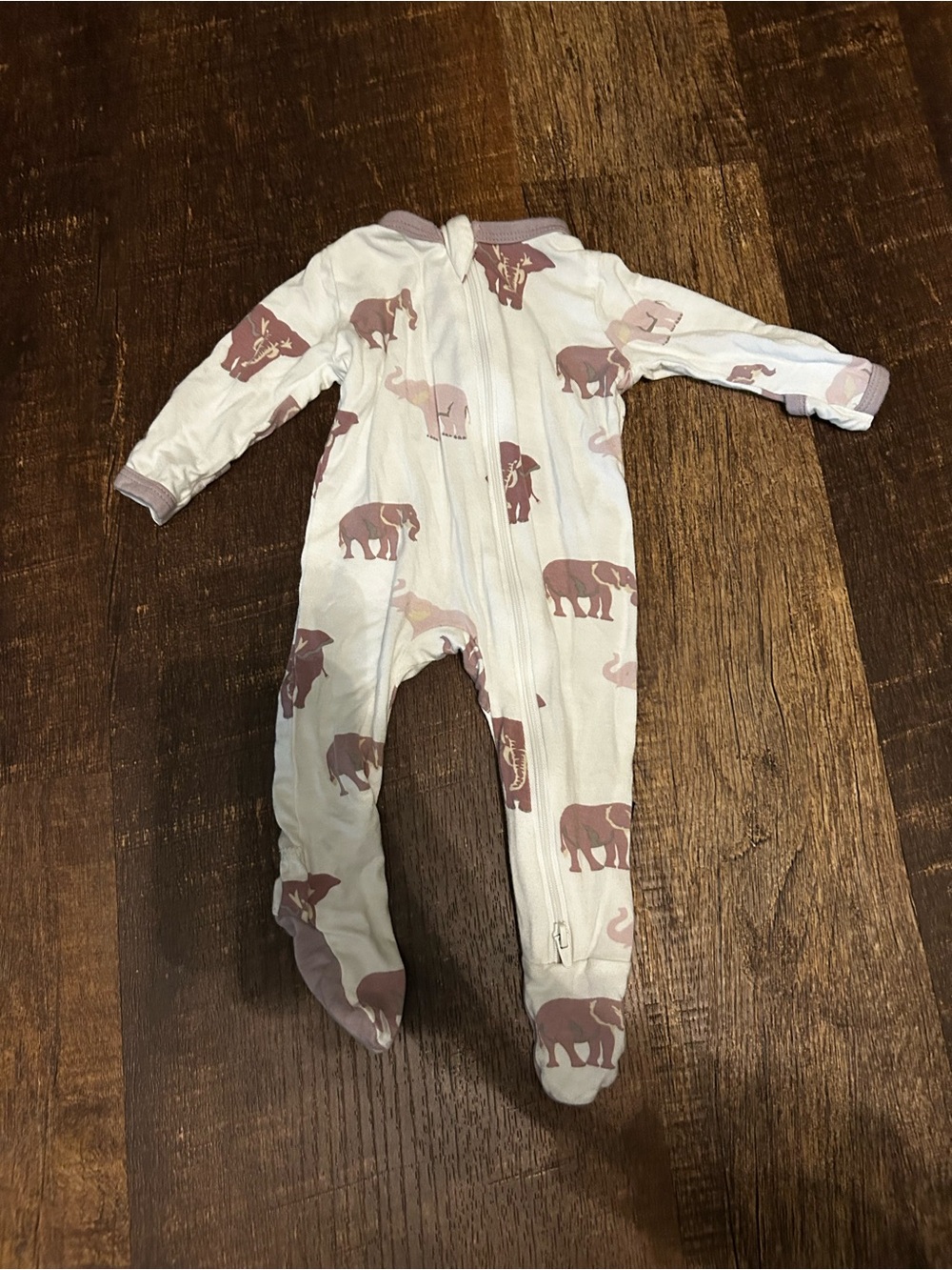 Kyte BABY White Footed One-Piece with Mauve Elephant Print